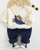 2pcs Baby Boy Bear Round Neck Hoodie And Blue Pants Set