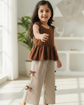 Brown Korean Style Pleated Top & Striped Wide Leg Pants Set
