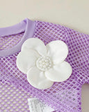 Baby Girls Purple 3PCS Elegant Outfit Set – Camisole, Pearl Flower Vest & Bow Pleated Skirt