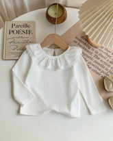 Baby Girl White Knitted Full Sleeve Round Neck Ruffle T-Shirt