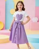 Heart Pattern Printed Short Sleeve T-Shirt And Elastic Waist Skirt