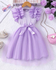 Young Girls Purple Cap Sleeve Mesh Dress