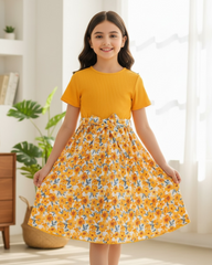 Girls Yellow Floral Patchwork Dress – Sweet Short Sleeve Summer Casual Dress