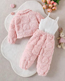 Pink Fluffy Jacket, Sweatpants & Ribbed Tank Top Set for Baby Girls – 3-Piece Winter Outfit