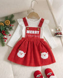 Toddler Girls Flutter Sleeve Top And Santa Claus Embroidery Overall Skirt Set