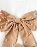 Girls 2-Piece 3D Beige Bow Beaded Outfit Set – Cap Sleeve Top & Beaded Slit Shorts