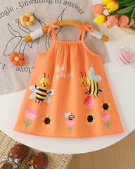 Baby Girl Orange Floral & Honey Bee Print Suspender Dress with Bow