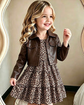 2pcs Set Young Girl Vintage Fall Lapel Short Leather Jacket