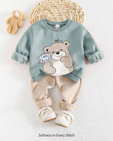 2pcs Baby Boy Bear Green Round Neck Shirt And Blue Pants Set