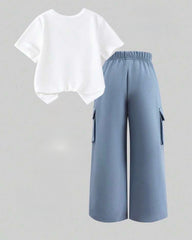 Girls Bow Print Round Neck T-Shirt And Cargo Pants