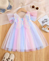 Girls Rainbow Tulle Princess Party Dress with 3D Butterfly Appliqué