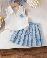 Girls Light Blue Floral Outfit Set – Sleeveless Polo Shirt & Pleated Skirt