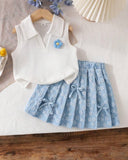 Girls Light Blue Floral Outfit Set – Sleeveless Polo Shirt & Pleated Skirt