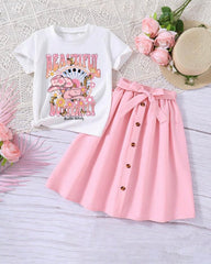 2pcs Girls Pink Cartoon Letter Print Short Sleeve Top & Skirt