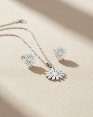 Silver Golden Flower Pendant Necklace and Earrings