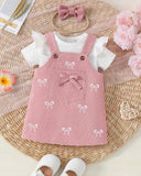 Baby Girls 3pc Set- Cap Sleeve Bodysuit + Pink Suspender Skirt + scrunchie