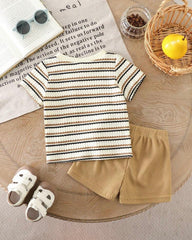 2pcs Boys Knit Round Neck Short Sleeve T-Shirt And Skin Shorts Set