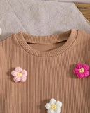 Girls Khaki 3D Floral Decor Round Neck Long Sleeve Sweatshirt And Pants Set
