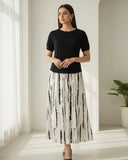 2pcs/Set Women's Casual Black Top + Tie-Dye Printed Skirt Set