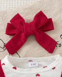 Baby Girl 3D Red Heart Flutter Sleeve Denim Overall Bodysuit + Bow Ruffle Socks