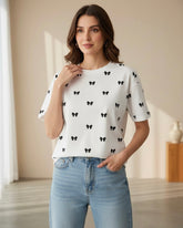 Women's Black Bow Print Half Sleeve T-Shirt
