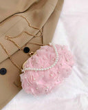 Pink Net Flower & White Pearl Clutch with Pearl Handle