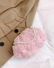 Pink Net Flower & White Pearl Clutch with Pearl Handle