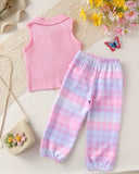 2pcs Girls’ Pink Knit Shirt & Ombre Plaid Pants