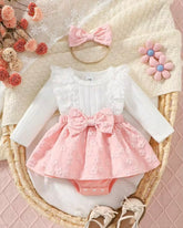 Ribbed Patchwork 3D Bowknot Pink Bodysuit Dress With Headband
