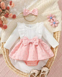 Ribbed Patchwork 3D Bowknot Pink Bodysuit Dress With Headband