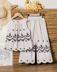 Girls Sleeveless Co-Ord Set – Printed Embroidered Hem Top & Wide-Leg Pants