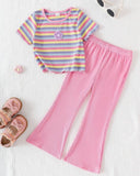 Kids Girl's Striped Pink Embroidered Flare Pants Set