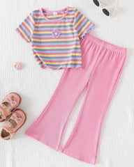 Kids Girl's Striped Pink Embroidered Flare Pants Set