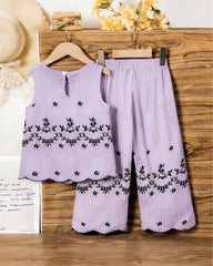Girls Sleeveless Co-Ord Set – Purple Printed Embroidered Hem Top & Wide-Leg Pants