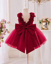 Baby Girls Red Satin & Mesh Princess Dress With 3D Flowers