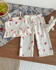 2Pcs Baby Girls Printed Embroidered Cherry Top & Pants Set – Summer Outfit