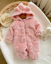 Baby Girl Winter 3D Pink Fluffy Heart Pattern Zipper Hooded Romper