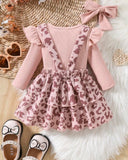 Baby Girl Pink Leopard Print Strap Dress Ribbed, Long Sleeve Bodysuit With Headband