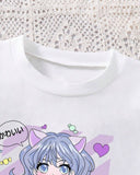 Cartoon Printed Purple Short Sleeve T-Shirt And Elastic Waist Skirt