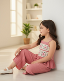 Girls 2PCS Pink Crochet Lace Camisole & Wide-Leg Pants Set