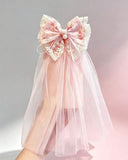 1pc Floral Lace Long Tulle Bow Hair Clip (Pink & Beige)