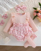 Baby Girl 3D bow Pink Floral Flutter Sleeve Overall Bodysuit +Socks + headband