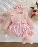 Baby Girl 3D bow Pink Floral Flutter Sleeve Overall Bodysuit +Socks + headband