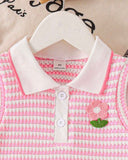 Girls Pink Flower Embroidered Outfit Set – Sleeveless Polo Shirt & Pleated Skirt