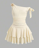 Girls White One-Shoulder Ruched Layered Cake Dress with Metal Starfish