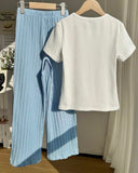 Tween Girls Blue Bow Embroidery White T-Shirt & Wide Leg Pants Set