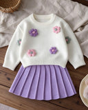 Baby Girl Sweater Set 3D Colorful Floral Round Neck Knit 2 Pieces Set