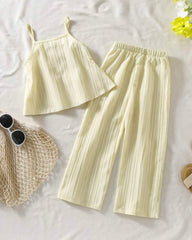 2pcs Yellow Ruffle Trim Camisole & Wide Leg Pants