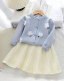 Girls' Blue Long Sleeve Floral Pom Pom Decorated Sweater And Pleated Skirt