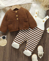 Newborn Baby Brown and White Striped Cardigan + Suspender Romper